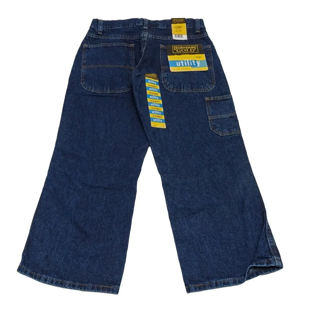 Wrangler Size 10 Boys Utility Jeans Legendary Gold Adj Waist Husky Dark Blue
